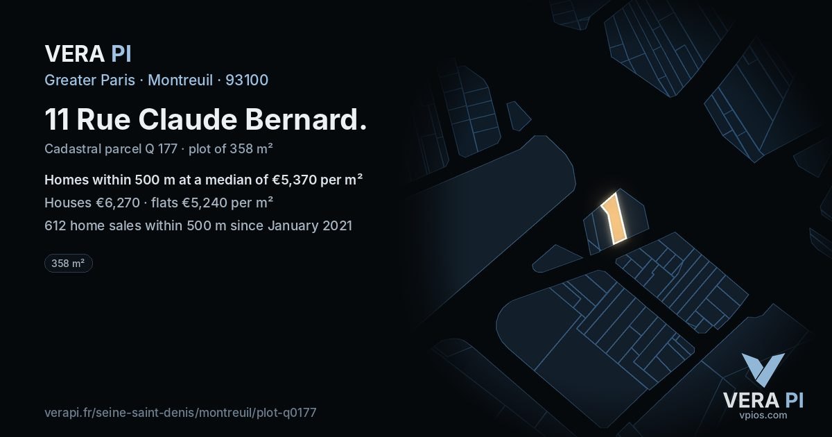 11 Rue Claude Bernard, Montreuil at night – the plot lit, the parcels around coloured by the prices near them