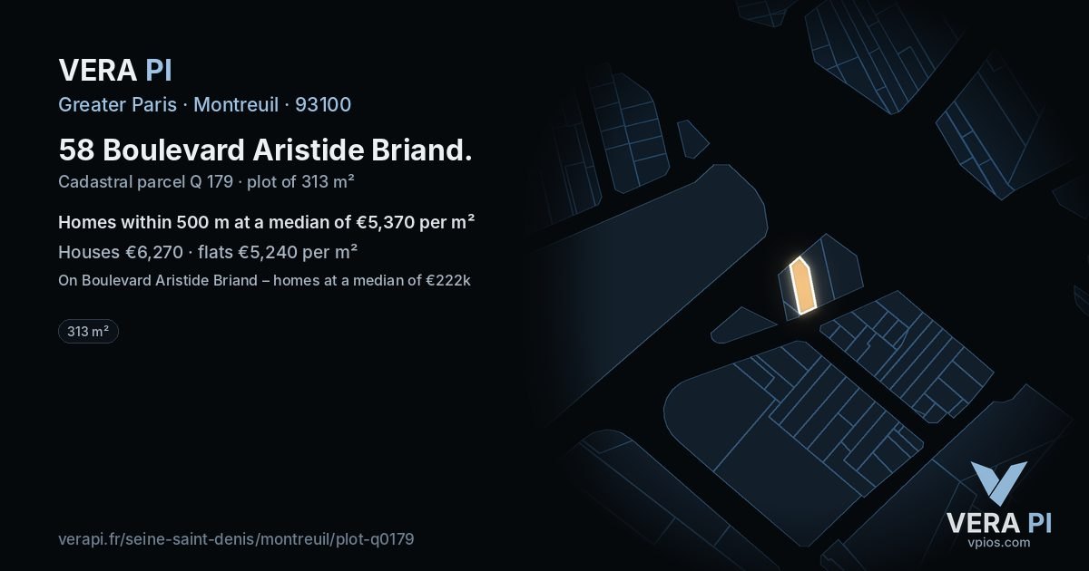 58 Boulevard Aristide Briand, Montreuil at night – the plot lit, the parcels around coloured by the prices near them