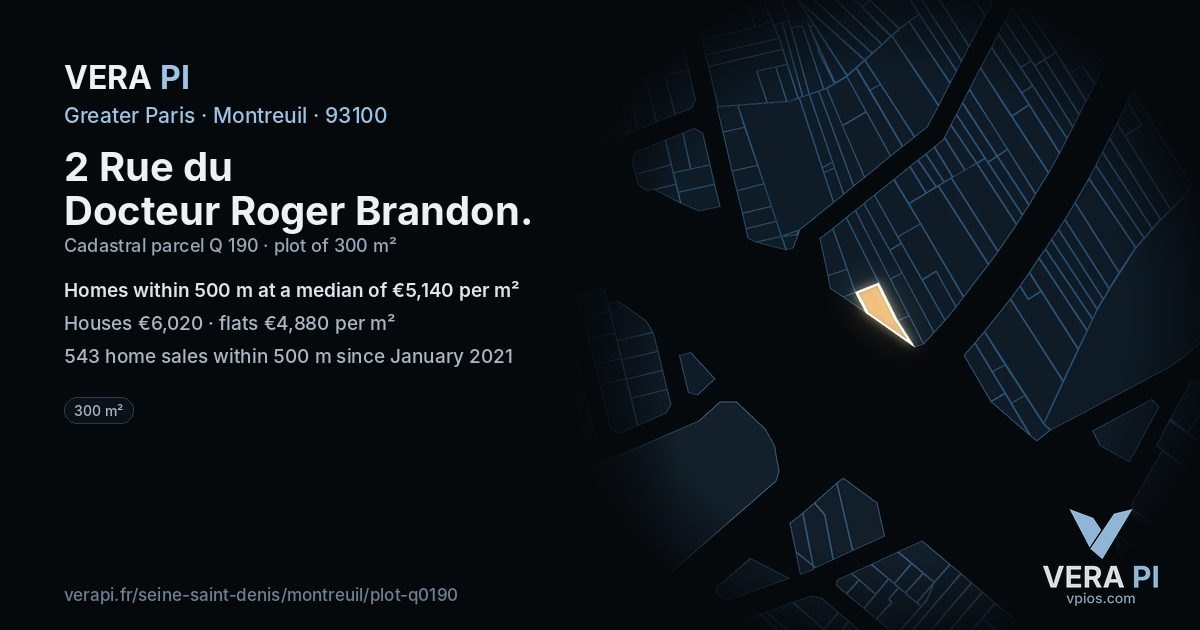 2 Rue du Docteur Roger Brandon, Montreuil at night – the plot lit, the parcels around coloured by the prices near them