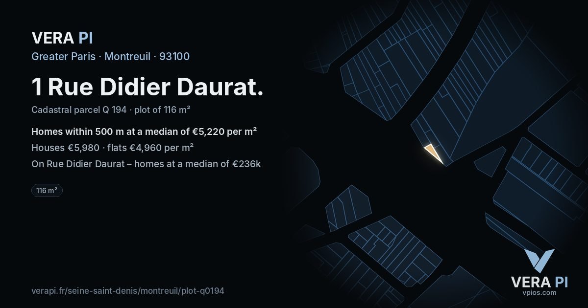 1 Rue Didier Daurat, Montreuil at night – the plot lit, the parcels around coloured by the prices near them