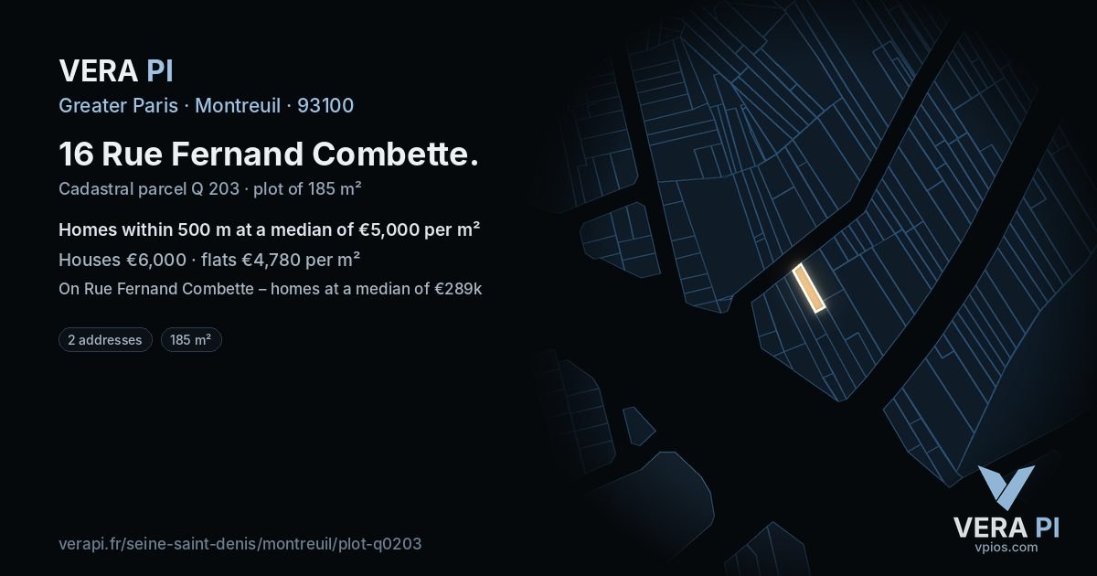 16 Rue Fernand Combette, Montreuil at night – the plot lit, the parcels around coloured by the prices near them