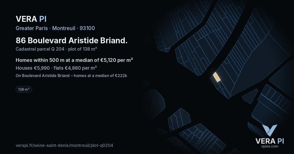 86 Boulevard Aristide Briand, Montreuil at night – the plot lit, the parcels around coloured by the prices near them