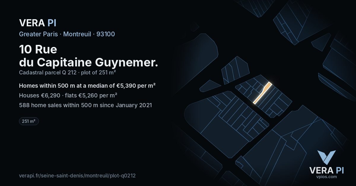 10 Rue du Capitaine Guynemer, Montreuil at night – the plot lit, the parcels around coloured by the prices near them