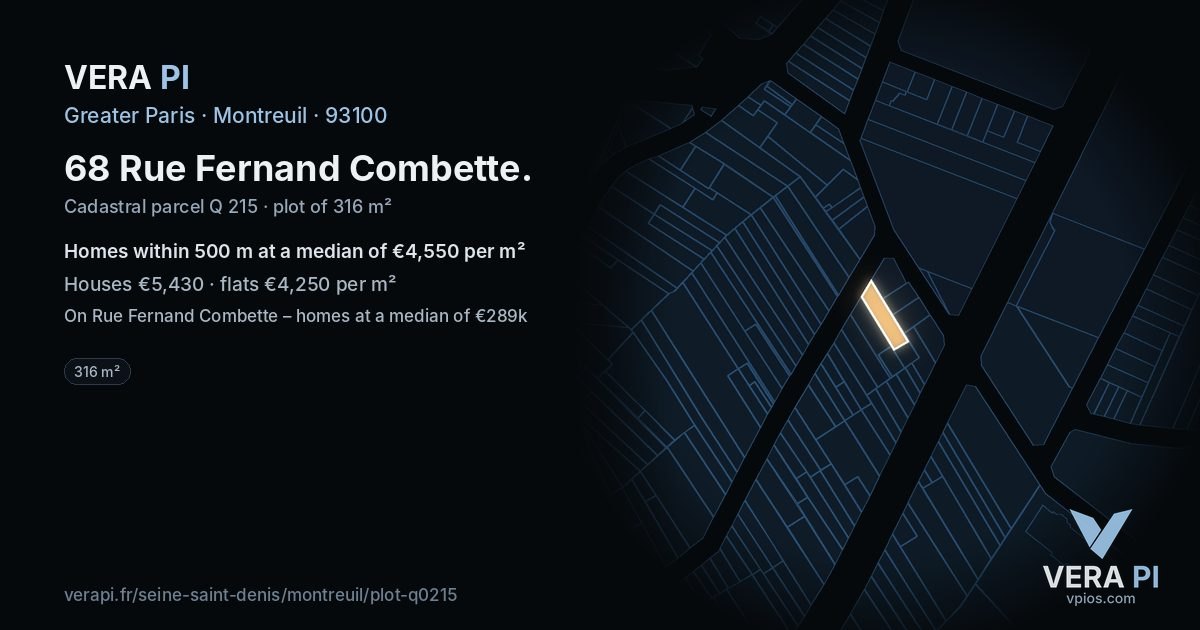 68 Rue Fernand Combette, Montreuil at night – the plot lit, the parcels around coloured by the prices near them
