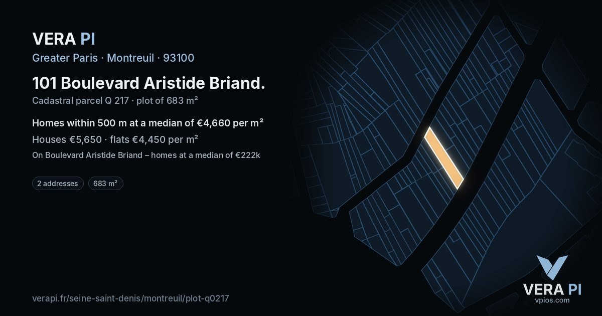 101 Boulevard Aristide Briand, Montreuil at night – the plot lit, the parcels around coloured by the prices near them