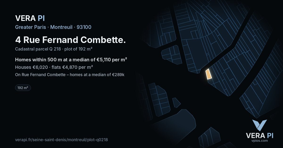 4 Rue Fernand Combette, Montreuil at night – the plot lit, the parcels around coloured by the prices near them