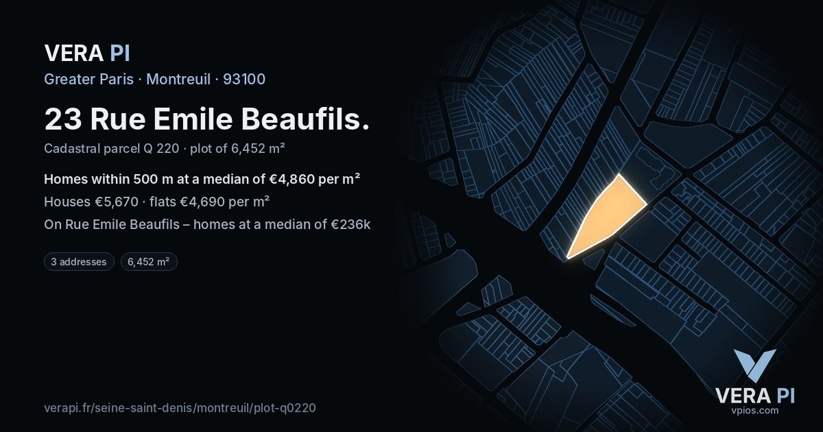 23 Rue Emile Beaufils, Montreuil at night – the plot lit, the parcels around coloured by the prices near them