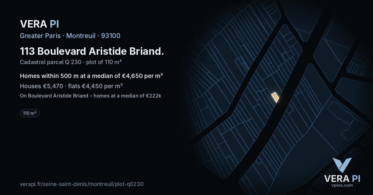 113 Boulevard Aristide Briand, Montreuil at night – the plot lit, the parcels around coloured by the prices near them