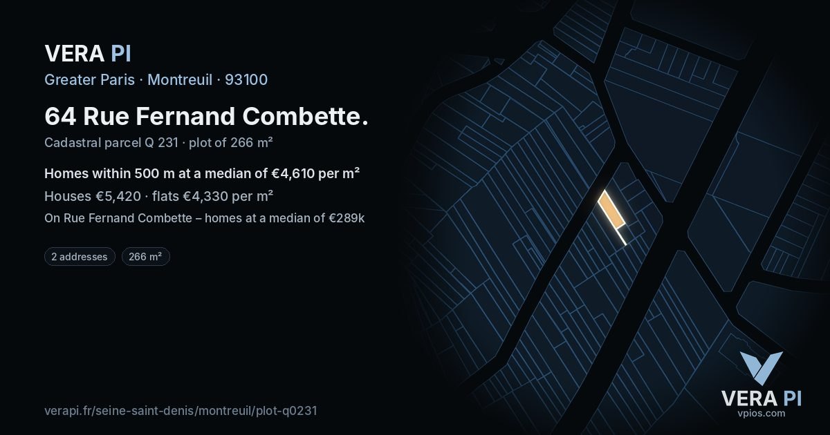 64 Rue Fernand Combette, Montreuil at night – the plot lit, the parcels around coloured by the prices near them