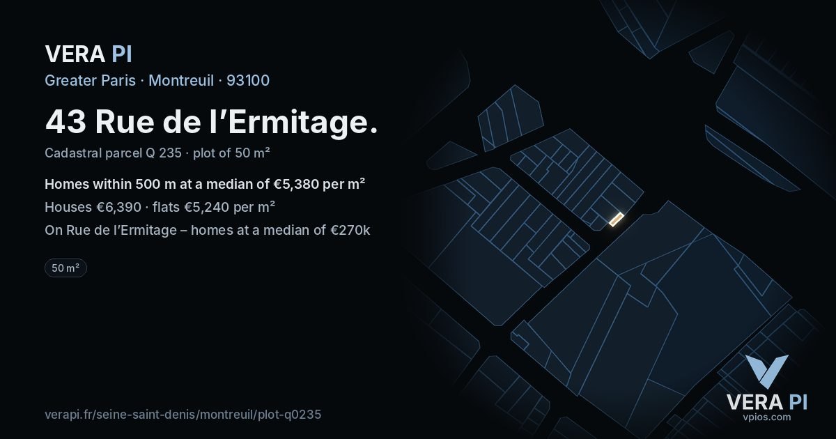 43 Rue de l’Ermitage, Montreuil at night – the plot lit, the parcels around coloured by the prices near them