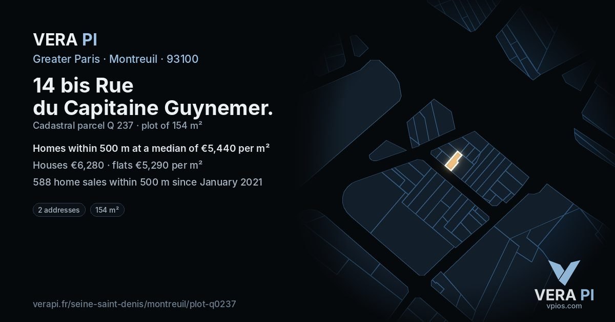 14 bis Rue du Capitaine Guynemer, Montreuil at night – the plot lit, the parcels around coloured by the prices near them