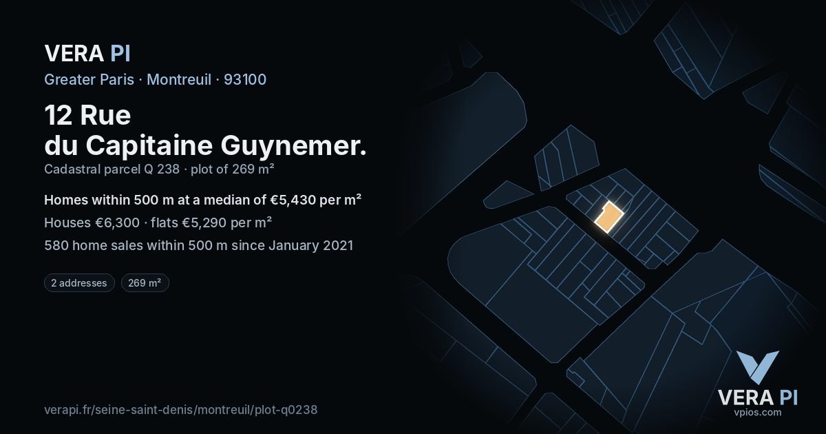 12 Rue du Capitaine Guynemer, Montreuil at night – the plot lit, the parcels around coloured by the prices near them