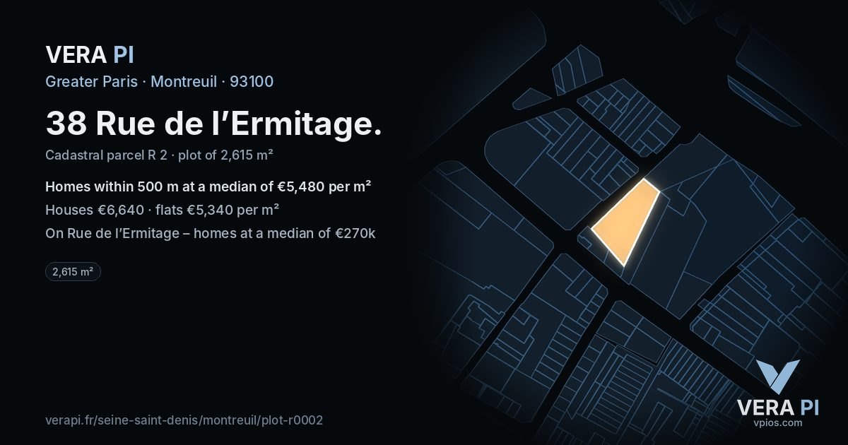 38 Rue de l’Ermitage, Montreuil at night – the plot lit, the parcels around coloured by the prices near them