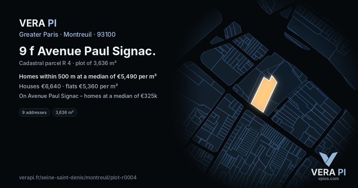 9 f Avenue Paul Signac, Montreuil at night – the plot lit, the parcels around coloured by the prices near them