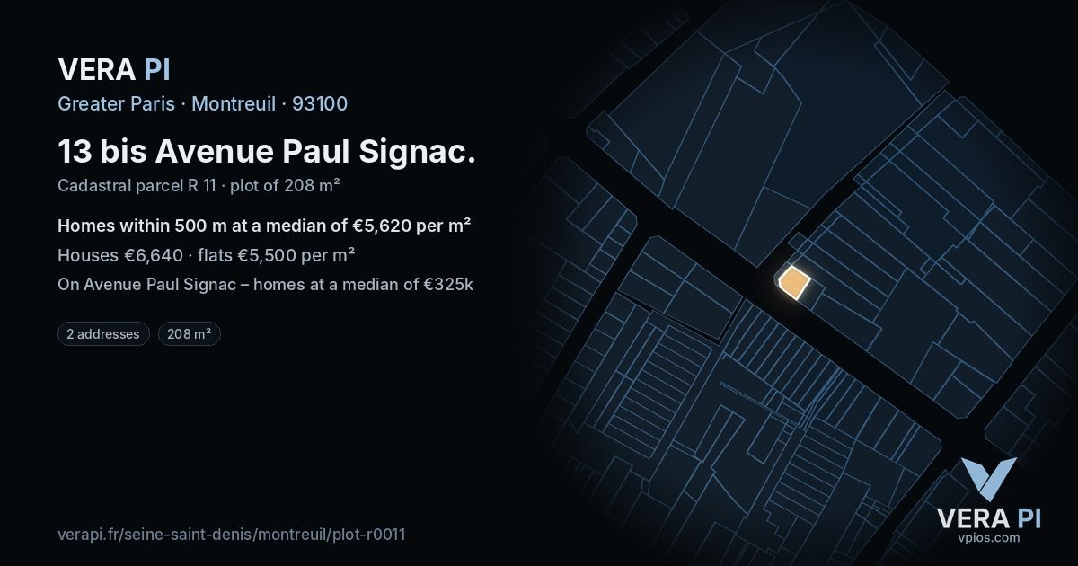 13 bis Avenue Paul Signac, Montreuil at night – the plot lit, the parcels around coloured by the prices near them