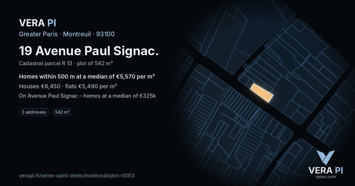 19 Avenue Paul Signac, Montreuil at night – the plot lit, the parcels around coloured by the prices near them