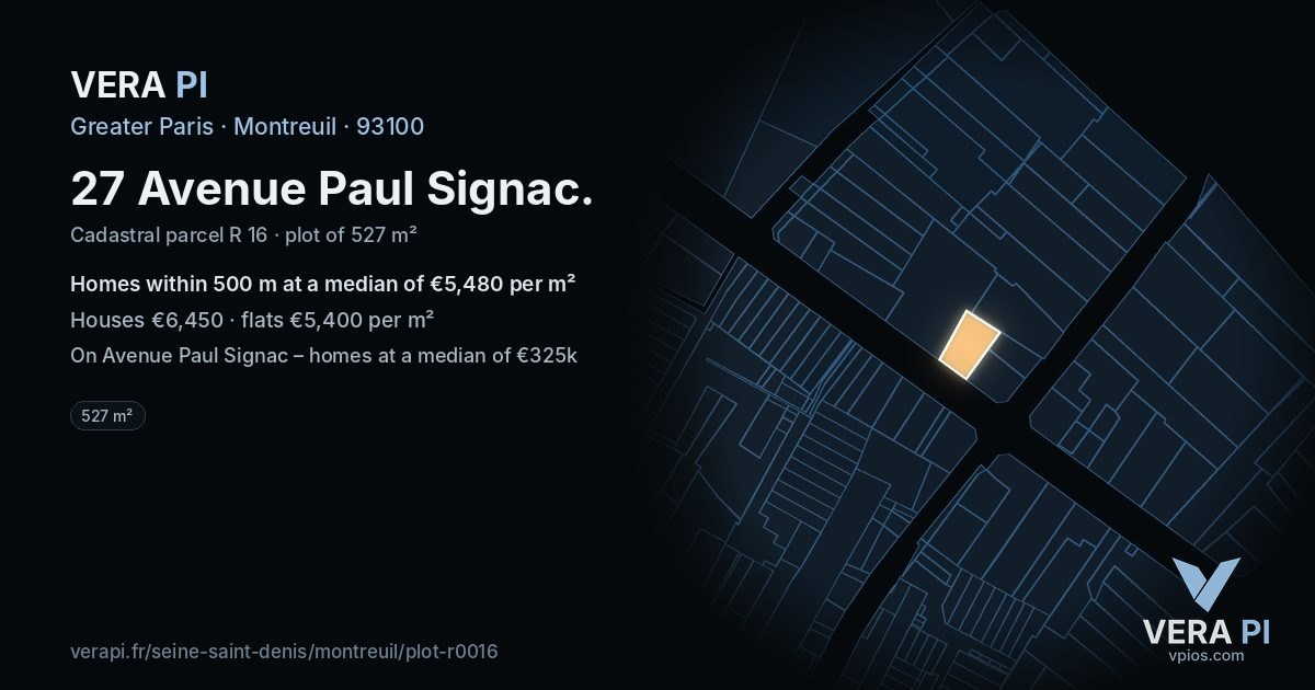 27 Avenue Paul Signac, Montreuil at night – the plot lit, the parcels around coloured by the prices near them