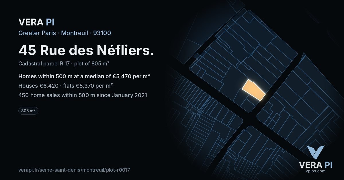 45 Rue des Néfliers, Montreuil at night – the plot lit, the parcels around coloured by the prices near them