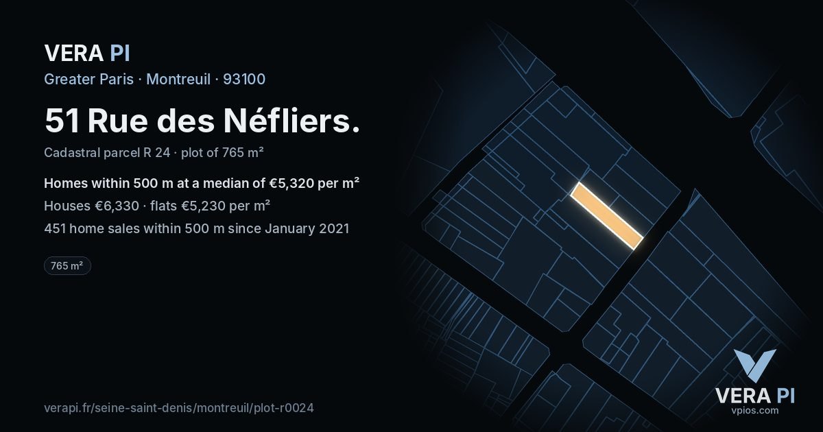 51 Rue des Néfliers, Montreuil at night – the plot lit, the parcels around coloured by the prices near them