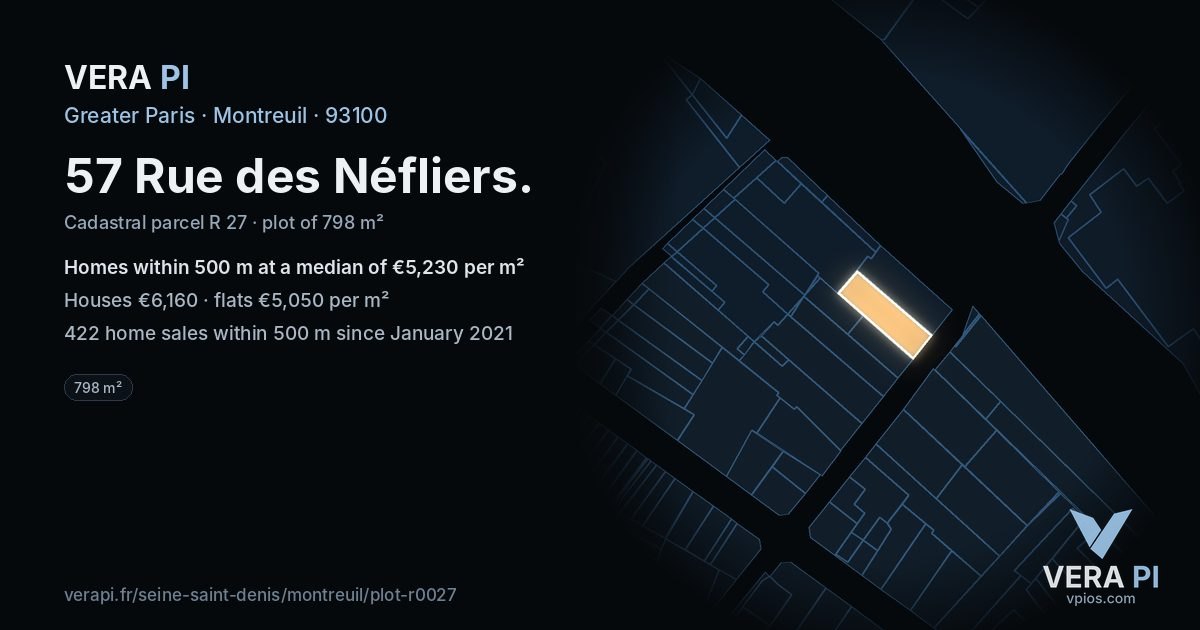 57 Rue des Néfliers, Montreuil at night – the plot lit, the parcels around coloured by the prices near them