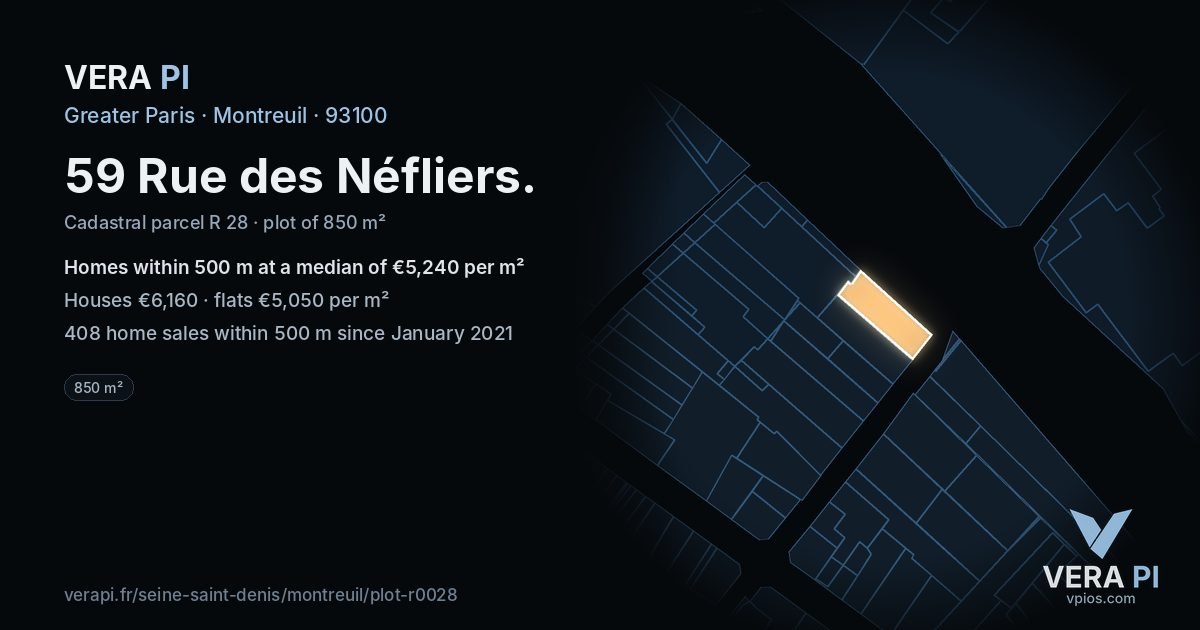 59 Rue des Néfliers, Montreuil at night – the plot lit, the parcels around coloured by the prices near them