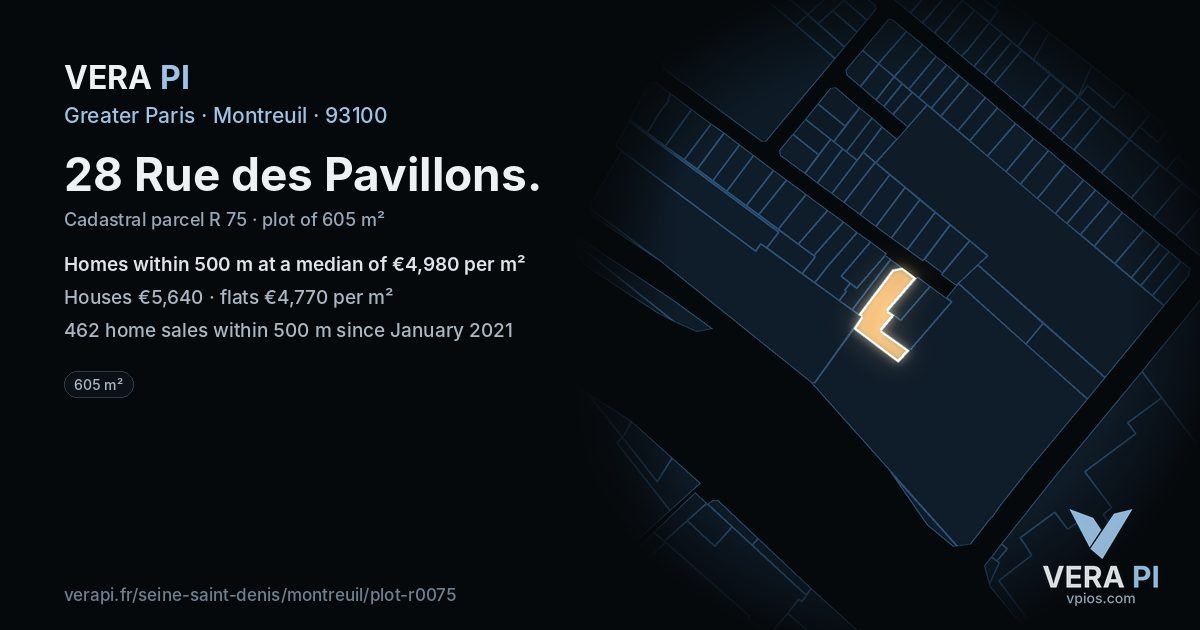 28 Rue des Pavillons, Montreuil at night – the plot lit, the parcels around coloured by the prices near them
