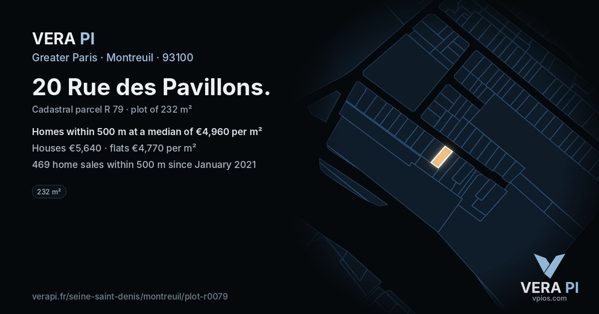 20 Rue des Pavillons, Montreuil at night – the plot lit, the parcels around coloured by the prices near them