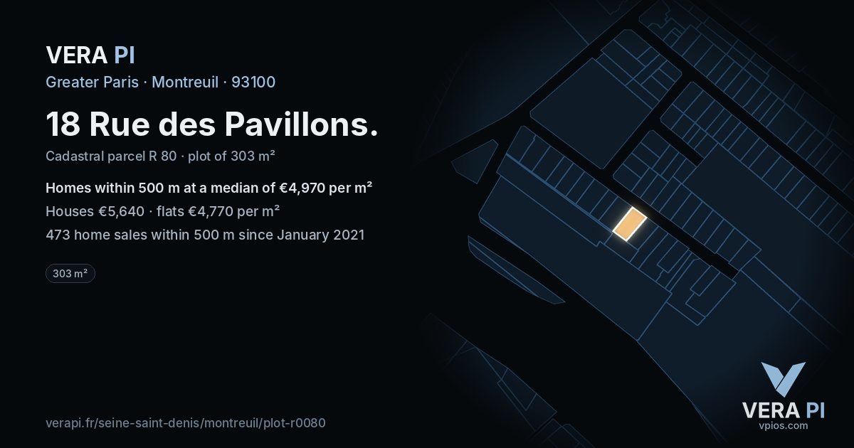 18 Rue des Pavillons, Montreuil at night – the plot lit, the parcels around coloured by the prices near them
