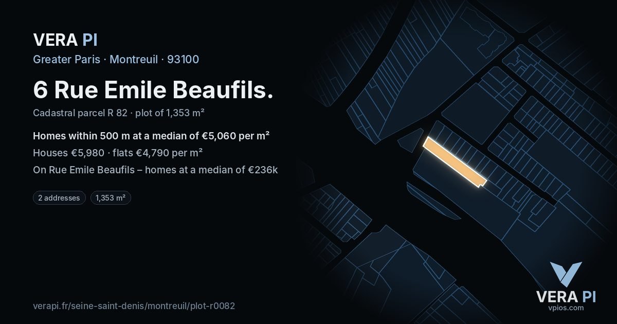 6 Rue Emile Beaufils, Montreuil at night – the plot lit, the parcels around coloured by the prices near them