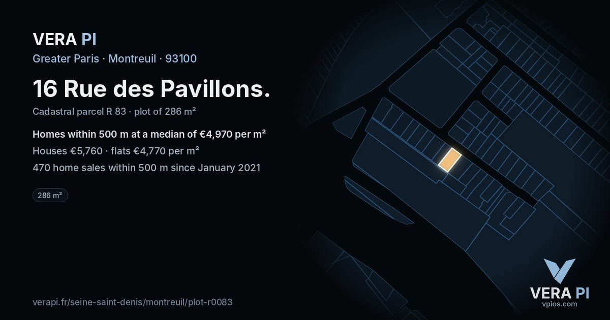 16 Rue des Pavillons, Montreuil at night – the plot lit, the parcels around coloured by the prices near them