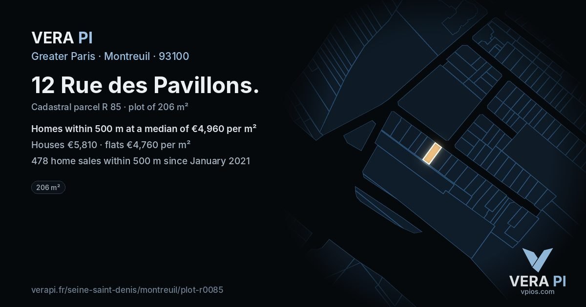 12 Rue des Pavillons, Montreuil at night – the plot lit, the parcels around coloured by the prices near them
