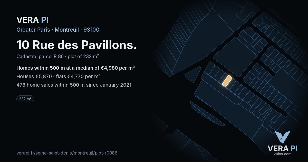 10 Rue des Pavillons, Montreuil at night – the plot lit, the parcels around coloured by the prices near them