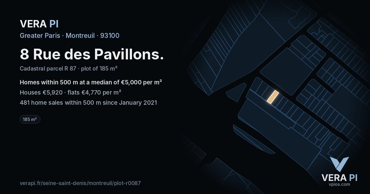 8 Rue des Pavillons, Montreuil at night – the plot lit, the parcels around coloured by the prices near them