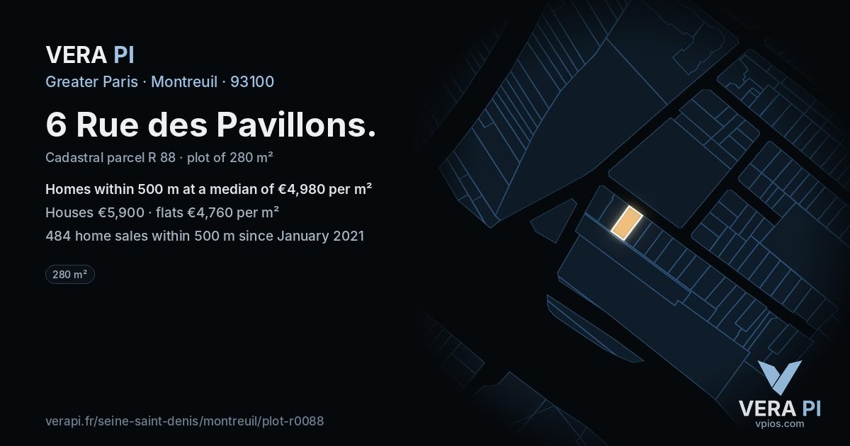 6 Rue des Pavillons, Montreuil at night – the plot lit, the parcels around coloured by the prices near them