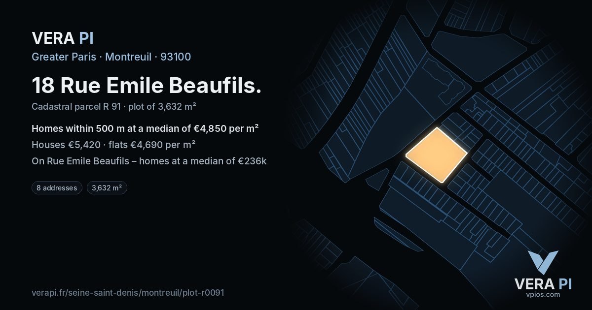 18 Rue Emile Beaufils, Montreuil at night – the plot lit, the parcels around coloured by the prices near them