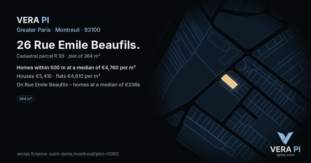 26 Rue Emile Beaufils, Montreuil at night – the plot lit, the parcels around coloured by the prices near them