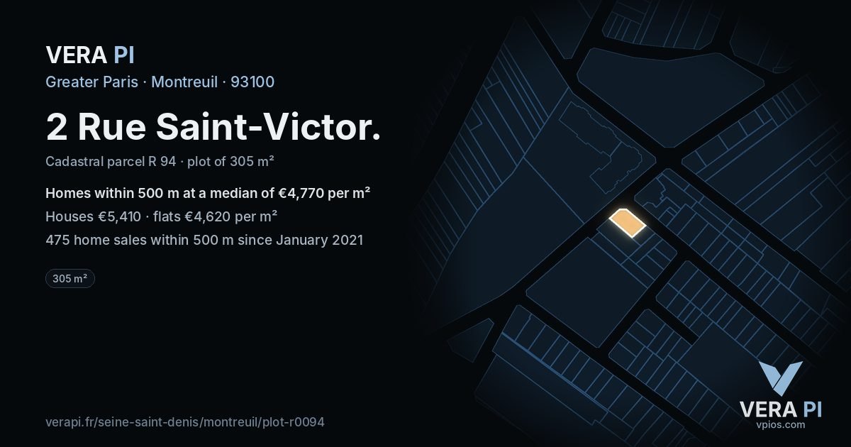 2 Rue Saint-Victor, Montreuil at night – the plot lit, the parcels around coloured by the prices near them
