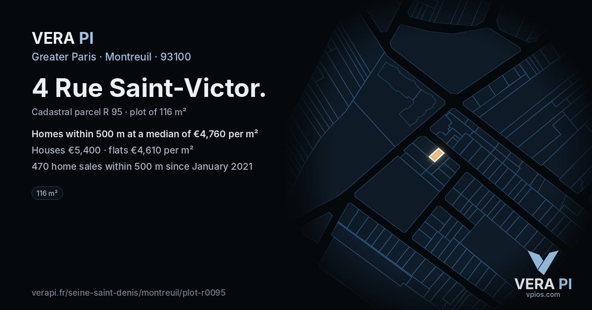 4 Rue Saint-Victor, Montreuil at night – the plot lit, the parcels around coloured by the prices near them