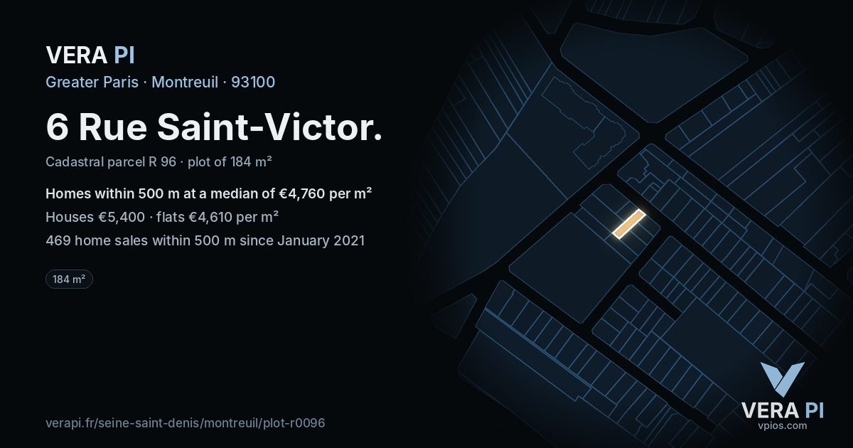 6 Rue Saint-Victor, Montreuil at night – the plot lit, the parcels around coloured by the prices near them
