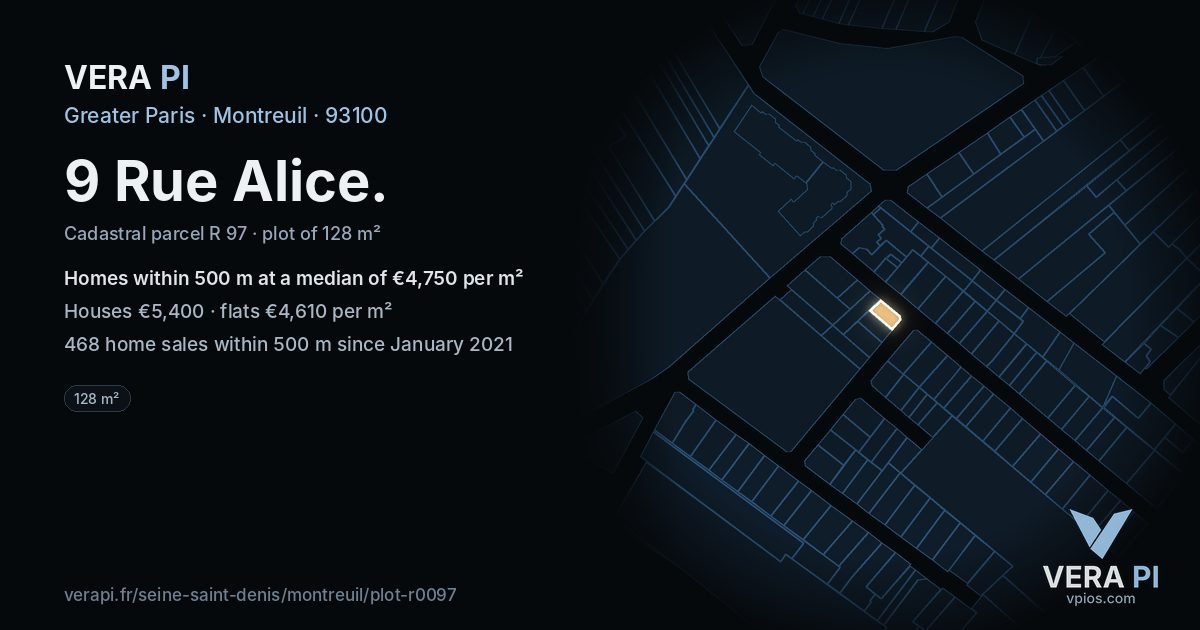 9 Rue Alice, Montreuil at night – the plot lit, the parcels around coloured by the prices near them