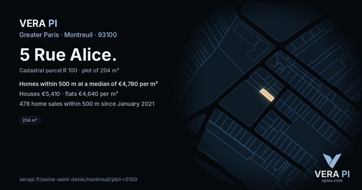 5 Rue Alice, Montreuil at night – the plot lit, the parcels around coloured by the prices near them