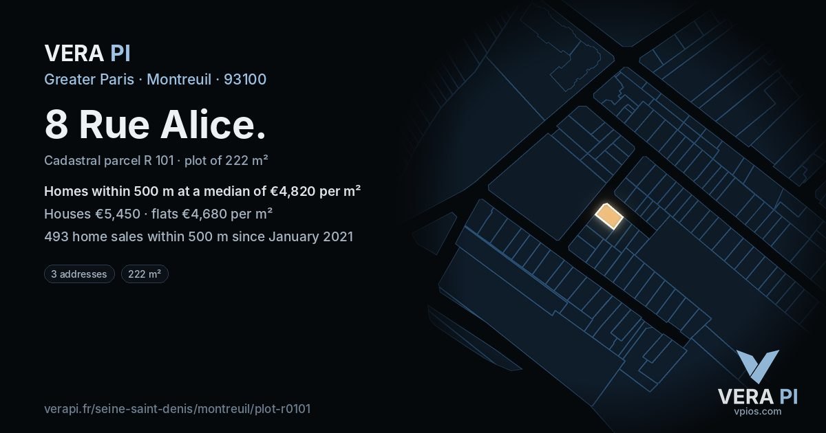 8 Rue Alice, Montreuil at night – the plot lit, the parcels around coloured by the prices near them