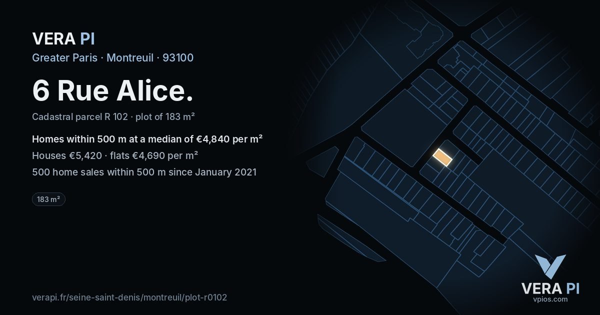 6 Rue Alice, Montreuil at night – the plot lit, the parcels around coloured by the prices near them