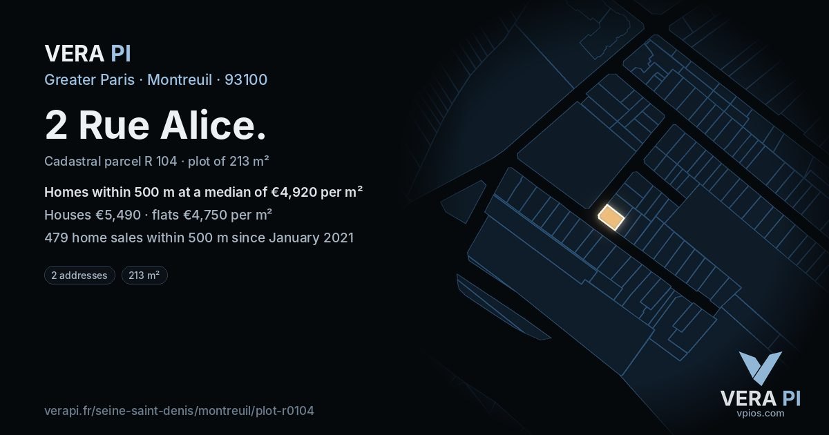 2 Rue Alice, Montreuil at night – the plot lit, the parcels around coloured by the prices near them