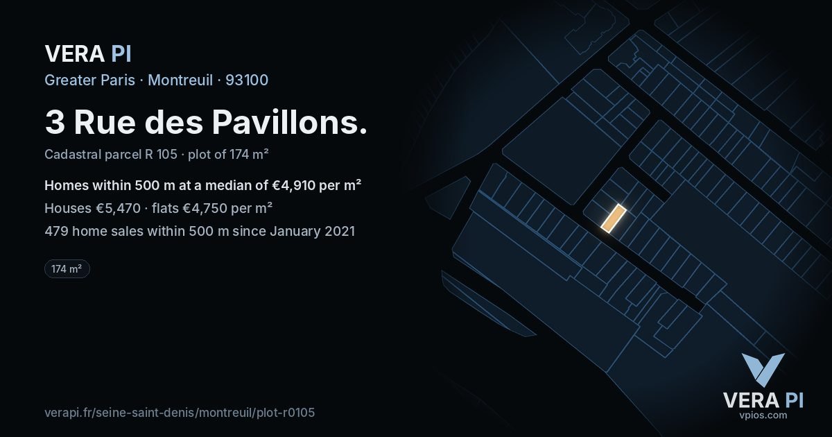 3 Rue des Pavillons, Montreuil at night – the plot lit, the parcels around coloured by the prices near them