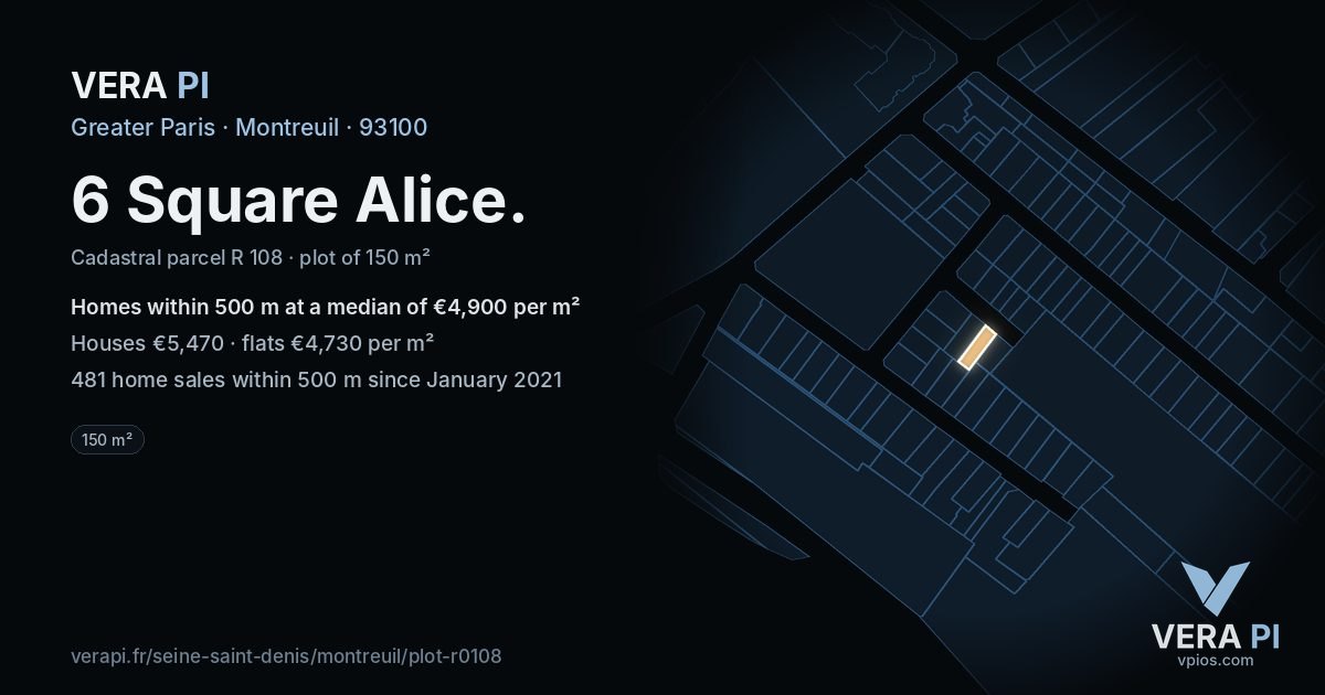 6 Square Alice, Montreuil at night – the plot lit, the parcels around coloured by the prices near them