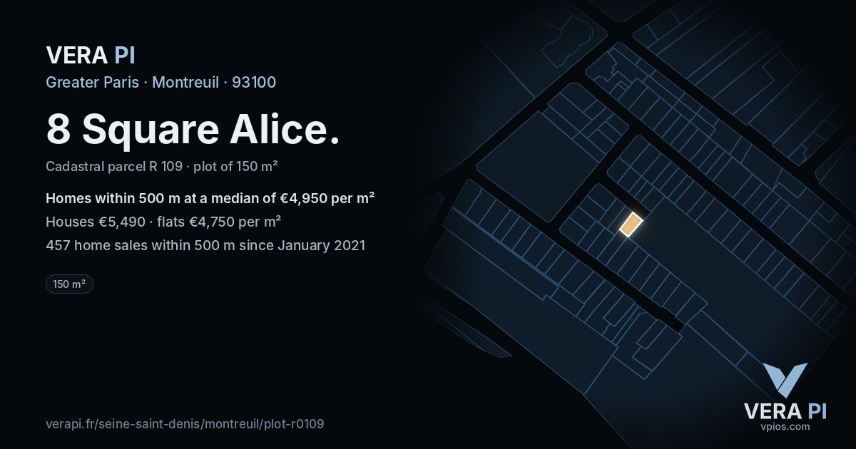 8 Square Alice, Montreuil at night – the plot lit, the parcels around coloured by the prices near them