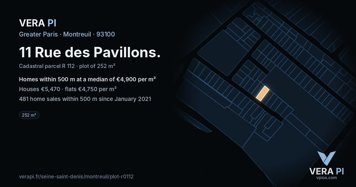 11 Rue des Pavillons, Montreuil at night – the plot lit, the parcels around coloured by the prices near them