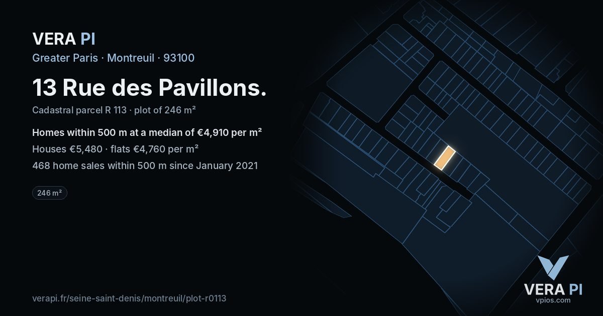13 Rue des Pavillons, Montreuil at night – the plot lit, the parcels around coloured by the prices near them