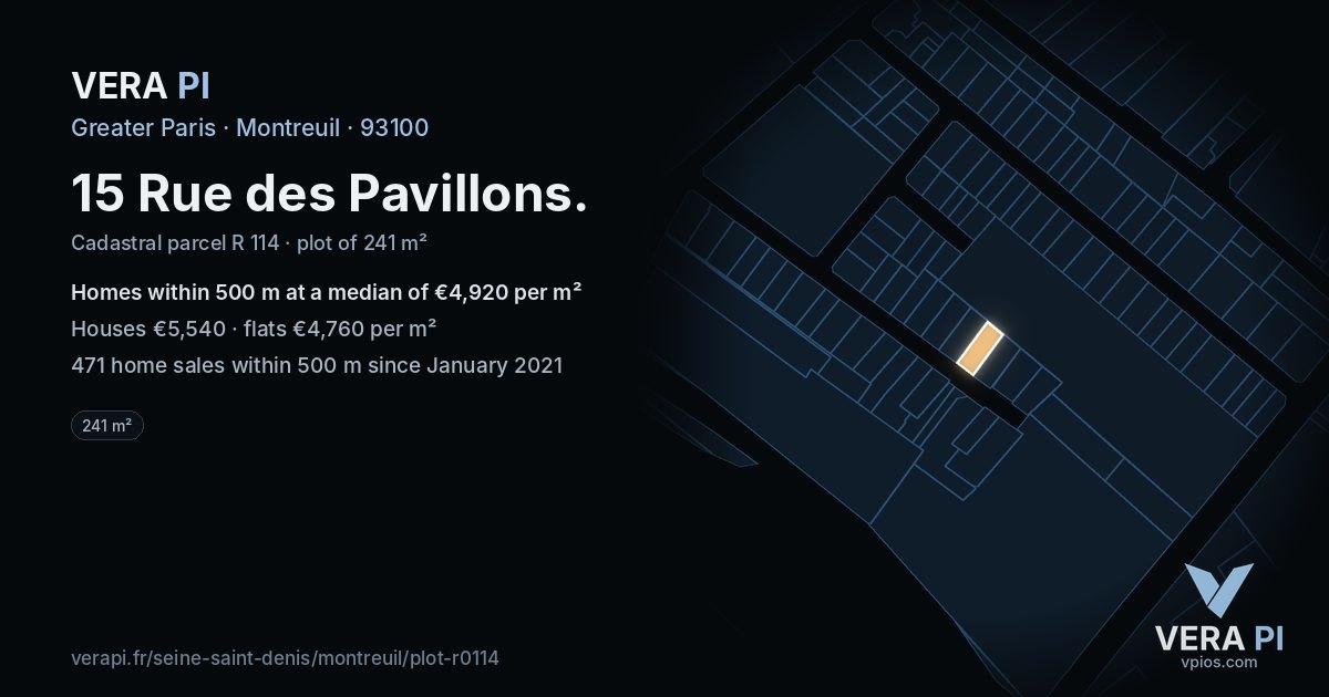 15 Rue des Pavillons, Montreuil at night – the plot lit, the parcels around coloured by the prices near them